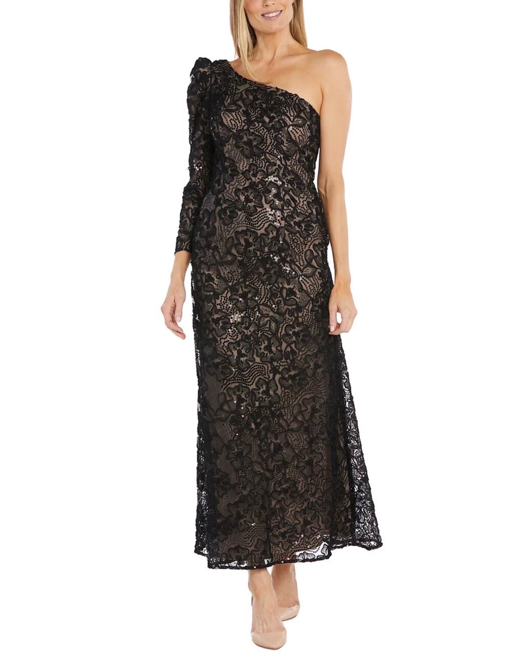 R&M Richards Black Evening Gown Sequined Lace One Shoulder A-Line Dress Size 6